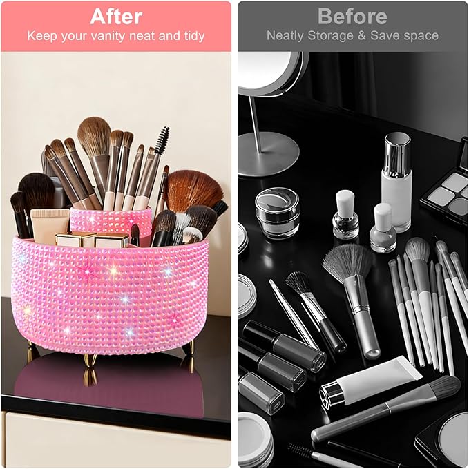 Diesisa Bling Makeup Organizer: 360°Rotating Bling Rhinestone Cosmetic Display Cases -Diamond Makeup Brush Holder - 5 Slot Cup for Cosmetics - Bling Lipstick Organizer - Gift for Women - Diamond Pink