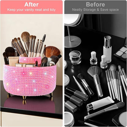 Diesisa Bling Makeup Organizer: 360°Rotating Bling Rhinestone Cosmetic Display Cases -Diamond Makeup Brush Holder - 5 Slot Cup for Cosmetics - Bling Lipstick Organizer - Gift for Women - Diamond Pink