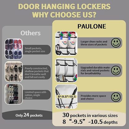 PAULONE Over the Door Organizer with 30 Large Pockets, 3 Sizes of Closet Hangers, Holds up to 69 lbs, Hanging Organizer with Clear Window for Children's Toys, Shoes, Diapers (White)