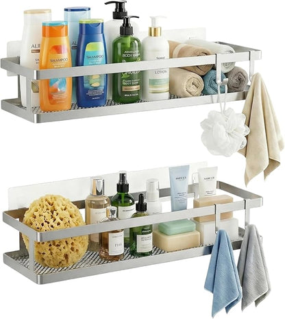 PUSDON 2-Pack 16.5" Extra Long Slim Shower Caddy, Adhesive Wall Mount Bathroom Organizer, Rustproof Open Frame Mesh Spice Rack for Kitchen, Holds 50LBS - Silver Gray, Guardrail