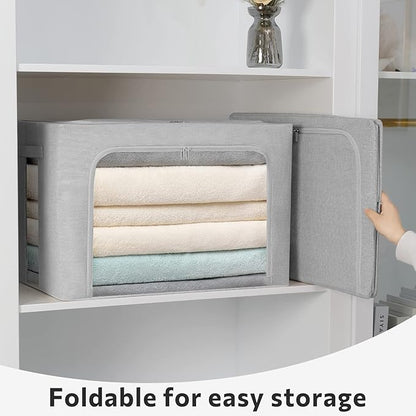 FHSQX 2 Pack Clothes Storage Bins Stackable Metal Frame Storage Box Foldable Linen Fabric Organizer with Carrying Handles and Clear Window (Light Gray, 15.7x 11.8x 7.8Inch)