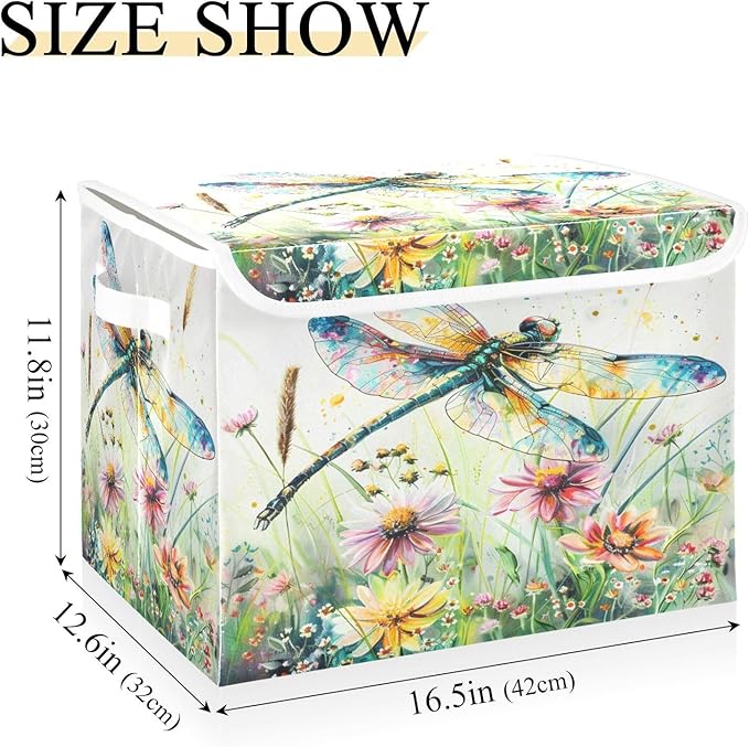 senya Baskets Collapsible Storage Bins with Lids, Dragonfly Wildflowers Painting Storage Boxes Clothes Baskets for Organizing