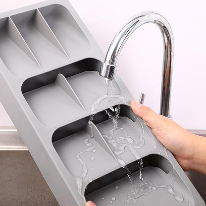 Silverware Drawer Organizer with Expandable Tray for Kitchen Drawer, Adjustable Compact Plastic Kitchen Utensil Storage for Spoons Forks Knives Easy to Access & Save Space