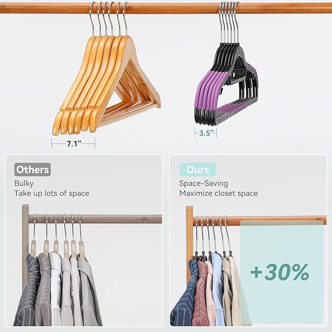 Tonswachic Pack of 30 Coat Hangers, Space-Saving Plastic Clothes Hangers, Non-Slip, 0.2 Inches Slim, 360° Swivel Silver Hook for Shirts, Pants, Suit & Wet/Dry Garments, Purple and Black