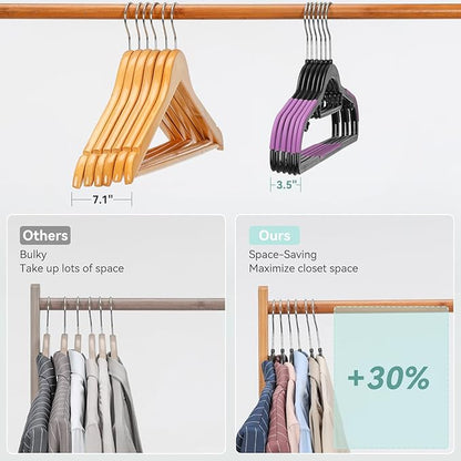 Tonswachic Pack of 30 Coat Hangers, Space-Saving Plastic Clothes Hangers, Non-Slip, 0.2 Inches Slim, 360° Swivel Silver Hook for Shirts, Pants, Suit & Wet/Dry Garments, Purple and Black