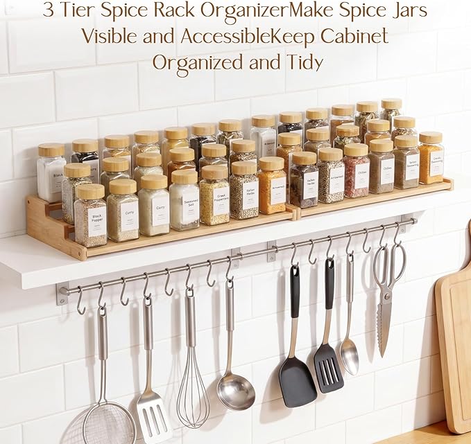 Spice Rack Organizer for Cabinet, 18in Bamboo Tiered Spice Rack，Used for Kitchen Countertops and Food Storage Room Organizer，Specially Designed for Jars and Spice Bottles(Bamboo, L)