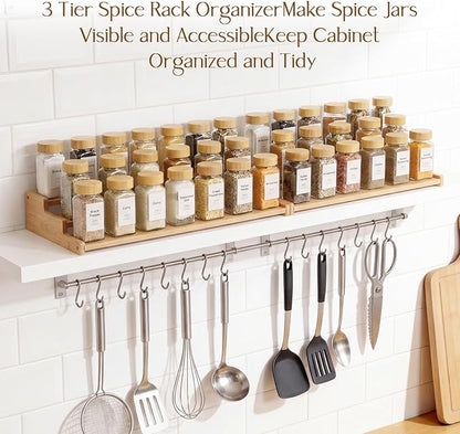 Spice Rack Organizer for Cabinet, 18in Bamboo Tiered Spice Rack，Used for Kitchen Countertops and Food Storage Room Organizer，Specially Designed for Jars and Spice Bottles(Bamboo, L)
