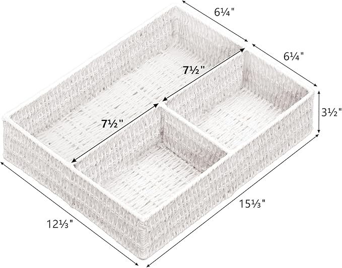 Vagusicc Wicker Divided Storage Basket, White Wicker Baskets, Basket for Shelves Drawer Organizing, 3 Section Rectangular Woven Storage Baskets, 2-Pack