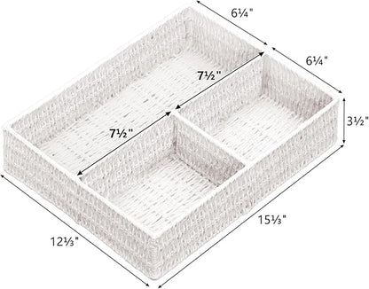 Vagusicc Wicker Divided Storage Basket, White Wicker Baskets, Basket for Shelves Drawer Organizing, 3 Section Rectangular Woven Storage Baskets, 2-Pack