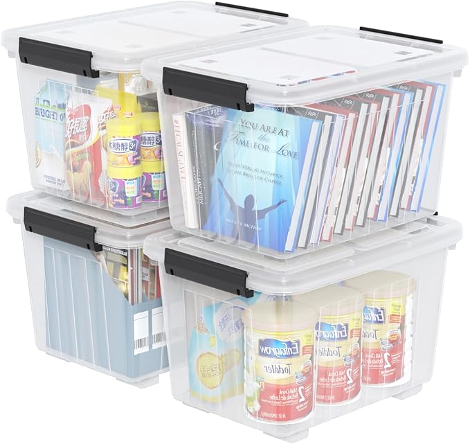 4 Packs 30 L Plastic Latch Storage Box, Clear Bin with Lid and Wheels