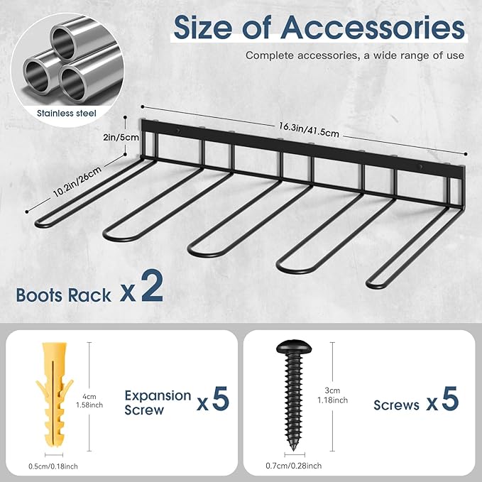zacurter Boot Rack, Wader Hangers for Boot, Metal Wall Mounted Shoe Rack, 4 Pair Boot Organizer Rack for Tall Boots and Cowboy Boot, Boot Trays for Entryway,Garage (2 Pack), black