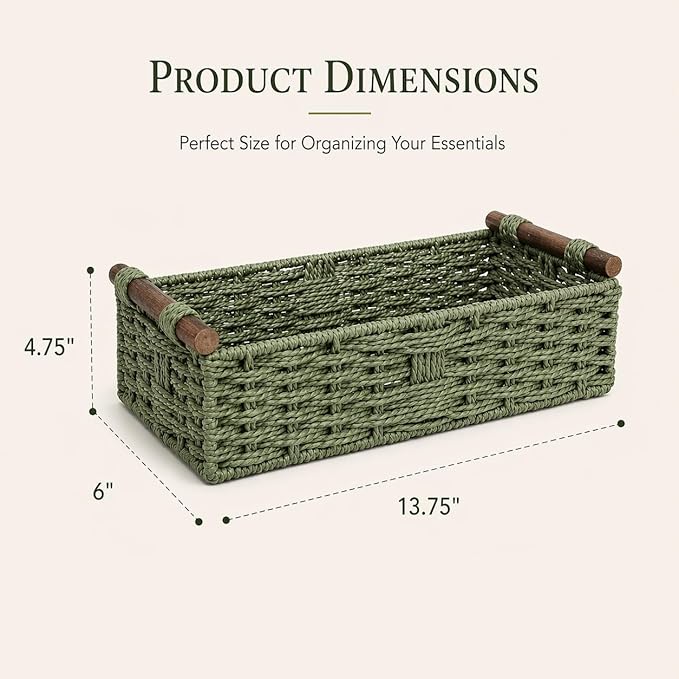 Sage Green Woven Bathroom Basket with Wood Handles — Toilet Paper Storage Organizer, Green Wicker Back of Toilet Basket, Boho Sage Green Bathroom Decor Tray for Tank Top or Shelf