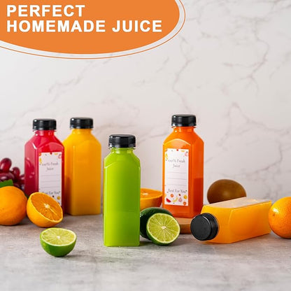 Juice Bottles with Caps 10Pcs 12oz, Plastic Bottleswith Caps, Clear Reusable Water Bottle, Used for Juicing Bottles, Smoothie Bottle, Juice Containers - with 10Pcs Labels & Bottle Brush