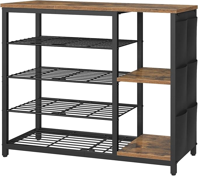 YATINEY Industrial 5-Tier Shoe Rack, Metal Shoe Storage Organizer with Side Oxford Pocket, Entryway Heavy Duty Shoe Shelf for Small Spaces, Entryway, Hallway, Rustic Brown and Black SS84BR