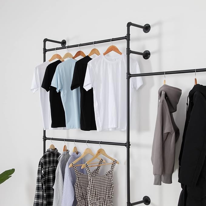 Wall Mounted Industrial Pipe Clothing Rack Garment Racks Pipeline Vintage Rolling Rack On Wall, Heavy Duty Rustic Gold Metal Garment Frame for Bedroom, Living room (Black)