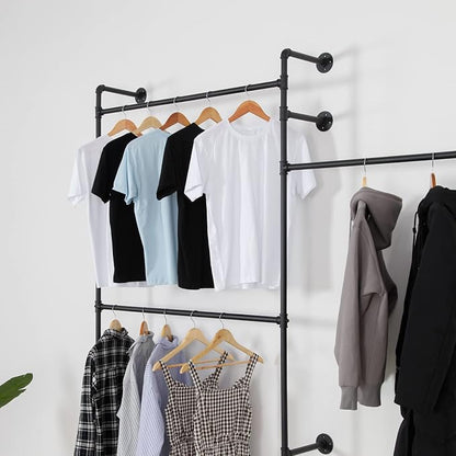 Wall Mounted Industrial Pipe Clothing Rack Garment Racks Pipeline Vintage Rolling Rack On Wall, Heavy Duty Rustic Gold Metal Garment Frame for Bedroom, Living room (Black)