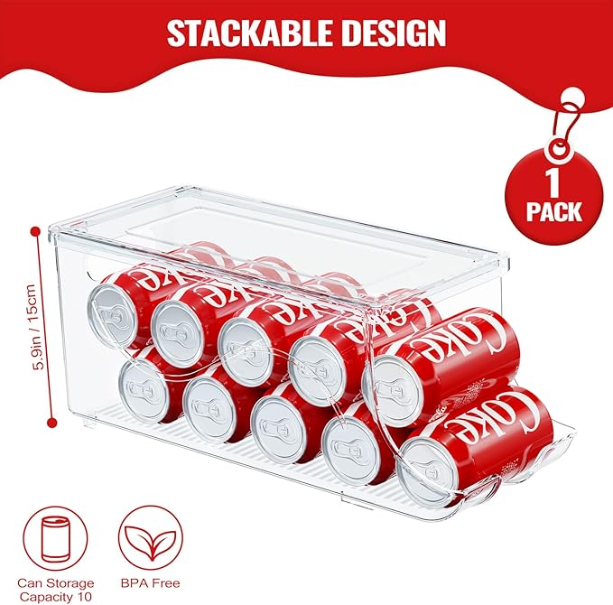 SCAVATA Stackable Refrigerator Organizer, Soda Can Dispenser Pop Cans Container Beverage Holder with Lid for Fridge, Freezer, Kitchen, Clear Plastic Storage Bins-Holds 10 Cans Each (One)