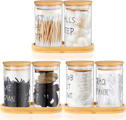 Tessco for you 6 Pcs Cotton Ball Holder Apothecary Jars with Lids Glass 3 Pcs Bamboo Tray Oval Plate Bathroom Decor Clear Cotton Ball Holder Bathroom Organizer Countertop Storage Containers