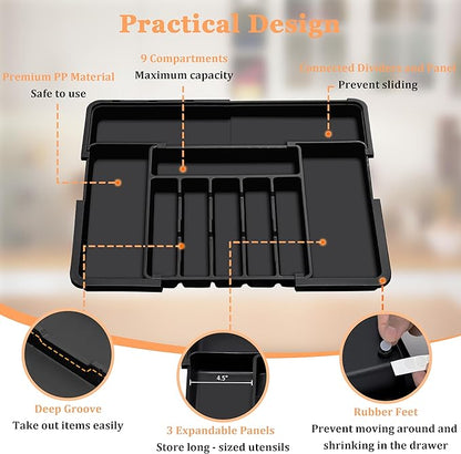 Spaclear Silverware Organizer Expandable Kitchen Utensil Drawer Organizer Large BPA Free Adjustable Cutlery Silverware Tray for Spoons Forks Knives Storage Divider for Kitchen Flatware 6-9 Slots Black