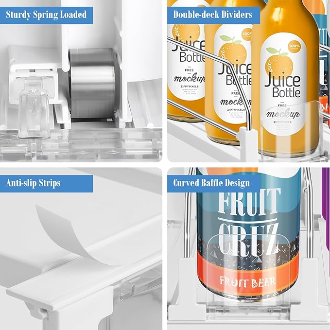 hanmir Drink Organizer for Fridge, Adjustable Width Soda Can Dispenser for Refrigerator Organizers and Storage, 3 Rows Beer Bottle Beverage Holder with Pusher Glide (14.96" D, White)