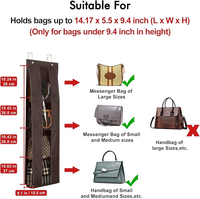 Lirex Over the Door Purse Organizer, Handbag Storage with 4 Clear Pockets Foldable, for Purses, Scarves, Clothing, and Leggings, Hanging Closet Organizer, Brown