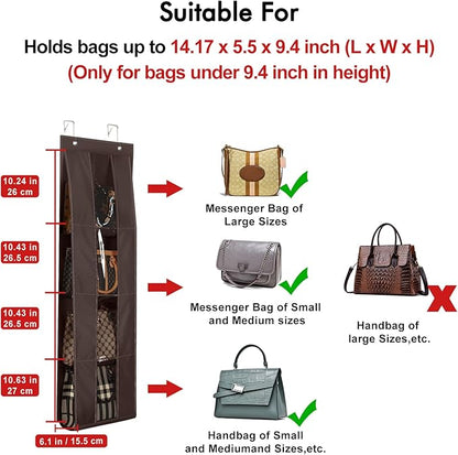 Lirex Over the Door Purse Organizer, Handbag Storage with 4 Clear Pockets Foldable, for Purses, Scarves, Clothing, and Leggings, Hanging Closet Organizer, Brown