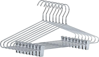 Quality Metal Pant/Skirt Blouse Hanger 10-Pack, Heavy-Duty Skirt Hangers with Clips, Adjustable Clip Pants Hanger, Chrome (Chrome, 10)