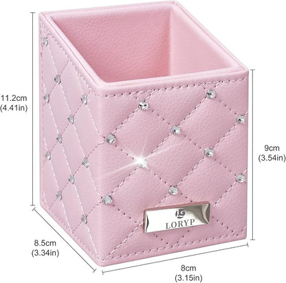 LORYP Makeup Brush Holder Crystal Brushes Cup Pink PU Make up Brush Case Bag Storage for Women (Pink-Large)