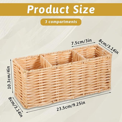 Wicker Flatware Silverware Caddy, Plastic Woven Kitchen Cutlery Organizer Storage Holder Party Condiment Utensil Carrier Basket for Countertop Table Picnic Holds Spoon Knives Fork Napkins