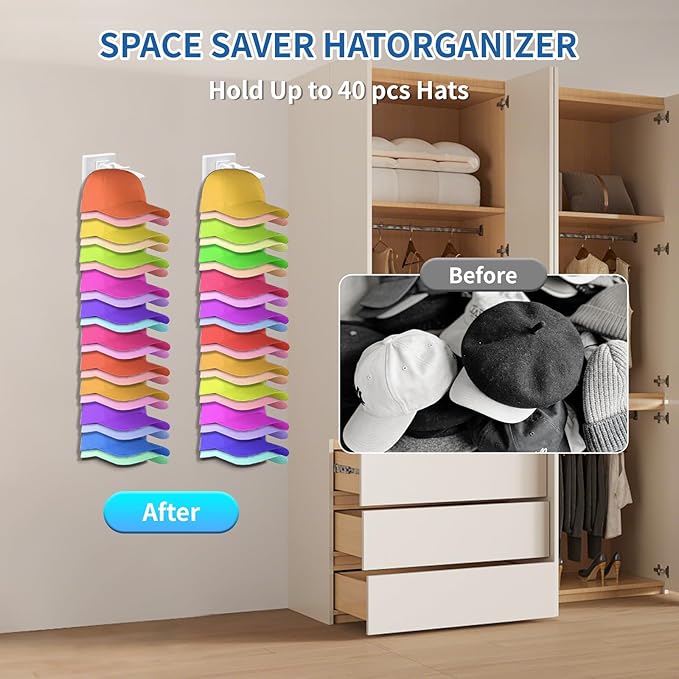 Enwokran Baseball Cap Organizer - Bedroom Closet Storage | 2 Pack, 40 Hats Capacity, Multilayer Rack with 2 Mounting Options(White)