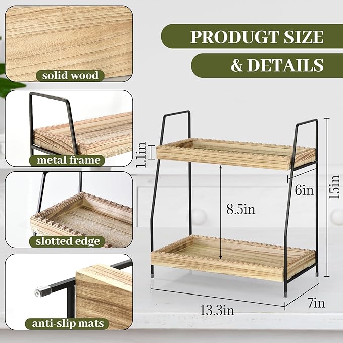 2 Tier Bathroom Countertop Organizer, Unique Slotted Edge Bathroom Organizers and Storage, Wood Counter Shelf for Storage, Countertop Organizer for Bathroom, Coffee, Kitchen