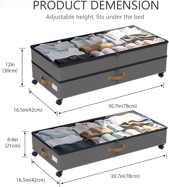 Under Bed Storage with Wheels 2-Pack, 75L XXL Under the Bed Storage Containers Large, 12" Tall Adjustable Storage for Underbed with Lids, Rolling for Clothes, Shoes, Blankets (Grey)