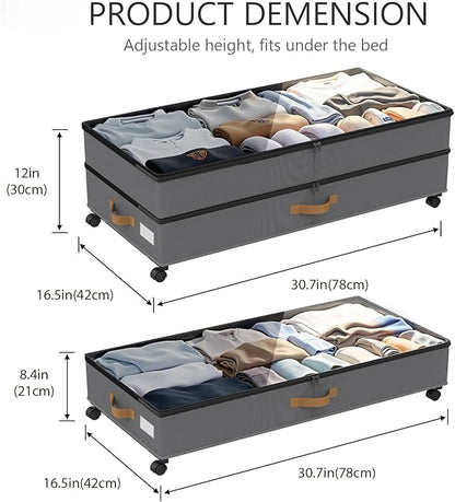 Under Bed Storage with Wheels 2-Pack, 75L XXL Under the Bed Storage Containers Large, 12" Tall Adjustable Storage for Underbed with Lids, Rolling for Clothes, Shoes, Blankets (Grey)