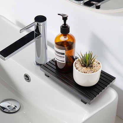 Wood Pedestal Table Stand for Bathroom Tray Kitchen Counter Decor Decorative Wooden Display Risers for Kitchen Sink Accessories Soap Tray Vanity Black Bathroom Counter Organizer Decor Dish Soap Holder