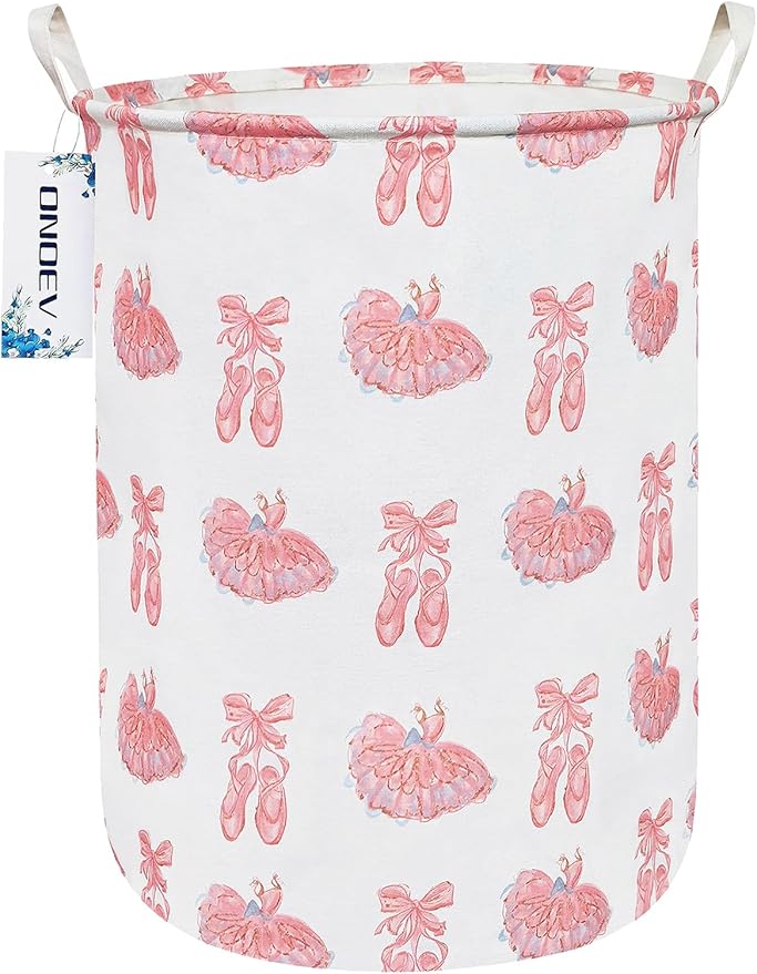Round Collapsible Laundry Hamper for Girls,Waterproof Pink Ballerina Dance Shoes Print Storage Bin,Large Capacity Toy Organizer for Kids Room Nursery Playroom,Ideal New Parent Gift