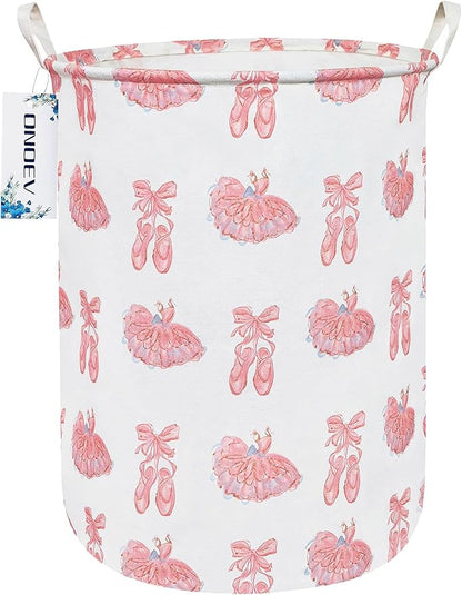 Round Collapsible Laundry Hamper for Girls,Waterproof Pink Ballerina Dance Shoes Print Storage Bin,Large Capacity Toy Organizer for Kids Room Nursery Playroom,Ideal New Parent Gift