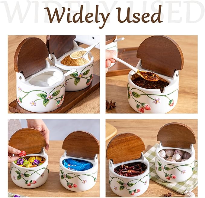 Salt Cellar, 13.5 oz Ceramic Salt Cellar with Lid and Spoon - Strawberry 3D Relief Design Seasoning Jar with Acacia Wood Lid, Suitable for Salt, Sugar, Pepper - Kitchen Countertop Storage Container