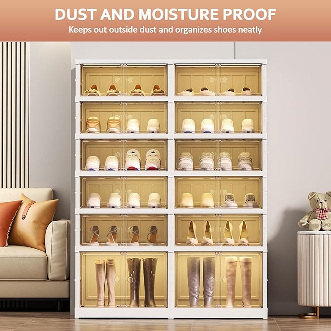 SYNCVIBE Shoe Rack Organizer for Closet Entryway Foldable Sneaker Storage Shoe, Collapsible Shoe Cabinet, Stackable Shoe Storage Cabinet with Lids for Living Room (6 Tiers 24 Pairs)