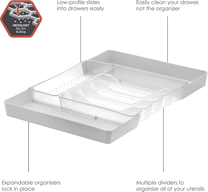 Spectrum Diversified Hexa Expandable Divided Drawer Organizer Tray Modern Kitchen Cutlery, Utensil, Silverware Holder, Cabinet Storage, 13 x 16, Clear Frost/Stone Gray (Pack of 2)