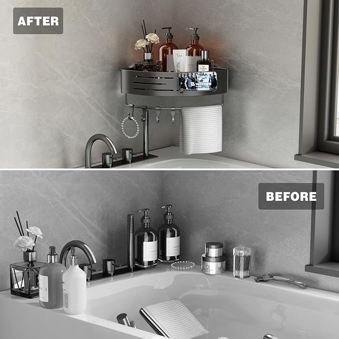 Voldra Corner Shower Caddy Suction Cup, Corner Shower Shelves No Drilling, Aluminum Upgrade Suction Cup Shower Organizer with Towel Bar & Hooks Removable Bathroom Storage Rack(2 Pack, Matte Gray)