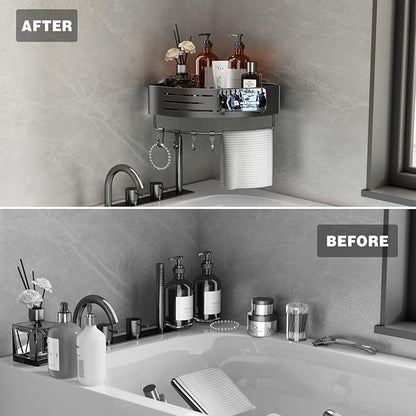 Voldra Corner Shower Caddy Suction Cup, 1 Pack Corner Shower Shelves No Drilling, Aluminum Upgrade Suction Cup Shower Organizer Corner with Towel Bar & Hooks Removable Bathroom Storage Rack(Gray)