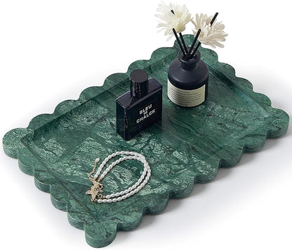 Real Natural Scalloped Marble Tray for Bathroom, Vanity, Kitchen and Desktop, Decorative Stone Tray for Jewelry, Cosmetics, Candles, Lotion, Perfume and Home Décor (Dark Green, 12" x 8")