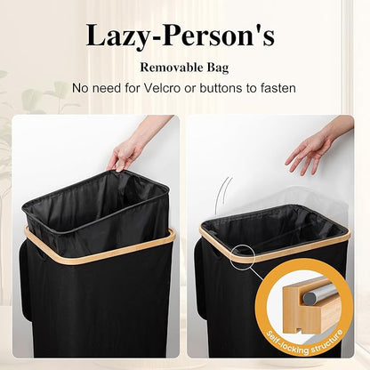 Foluck Large Laundry Hamper, 100L Waterproof Laundry Basket with Lid and Removable Bag, Collapsible Tall Clothes Hamper with Bamboo Handles for Clothes Toys in Dorm Bedroom Bathroom, Black