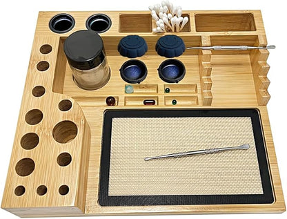 Bamboo Desk Organizer,Carving Tool Organizer with Non-sticky Mat and Silicone Container (28 x 24 x 4.5cm)