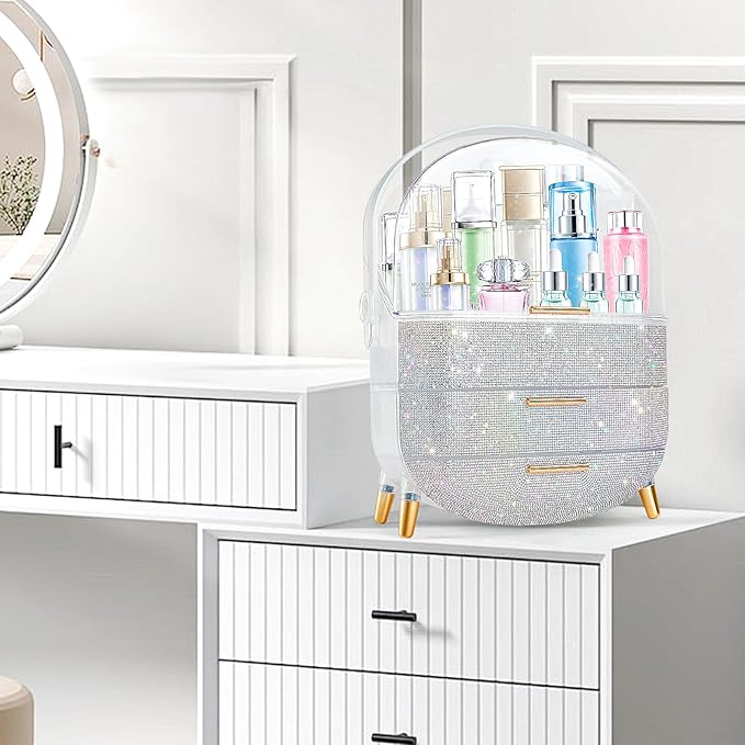 Ptesly Teen Girls Gift Makeup Organizer, Skincare & Jewelry Storage, Cosmetics Display Case, Makeup Holder, Bathroom Organizer (Bling Rhinestone)