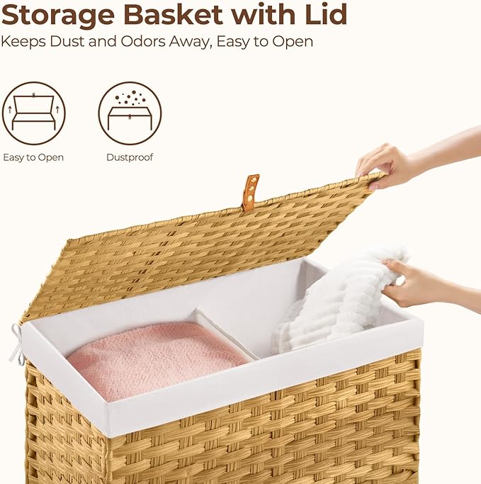 GREENSTELL Storage Basket with Lid, 17.2 Gallon(65L) Small Wicker Blanket Storage Basket with Handles, Foldable, 2 Removable Liner Bags, Metal Frame, for Bedroom, Laundry Room, Natural