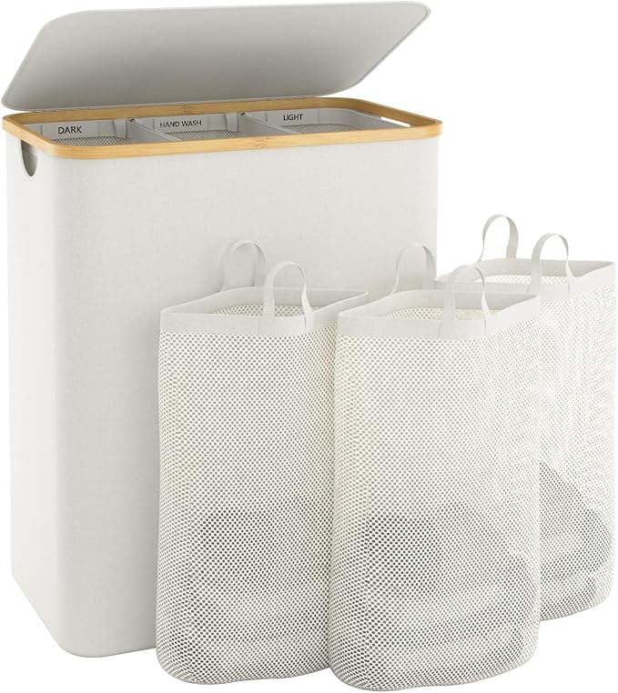 Extra Large 3 Section Dirty Clothes Laundry Basket with Lid, Dirty Clothes Hampers with Removable Bags for Bedroom and Laundry Room, Beige