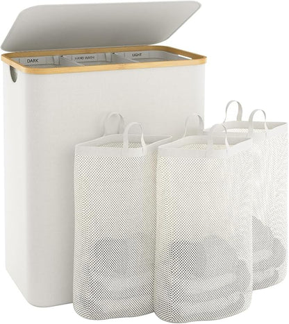 Extra Large 3 Section Dirty Clothes Laundry Basket with Lid, Dirty Clothes Hampers with Removable Bags for Bedroom and Laundry Room, Beige