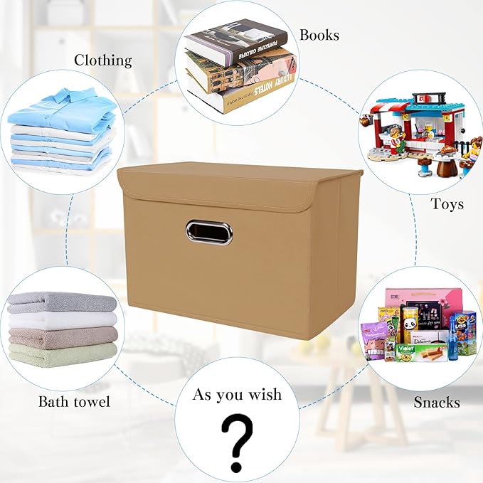 STOREONE Fabric Storage Cube Bins Foldable Organizer Container Collapsible Basket with Lids and Metal Handles, for Home, Bedroom, Closet 3 Pcs (Khaki)