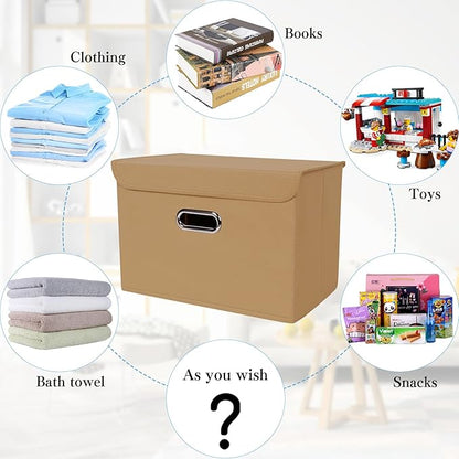 STOREONE Fabric Storage Cube Bins Foldable Organizer Container Collapsible Basket with Lids and Metal Handles, for Home, Bedroom, Closet 3 Pcs (Khaki)